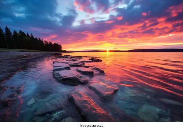 Sunset over lake with vibrant sky