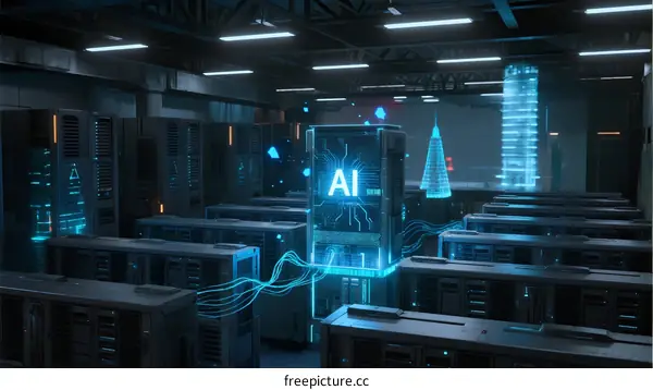 Advanced AI Data Center with Server Racks and Digital Interface