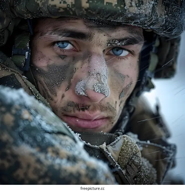 Portrait of a soldier with blue eyes and a face covered in snow and mud.
