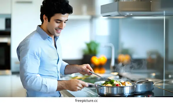 Man Cooking Food in a Modern Kitchen