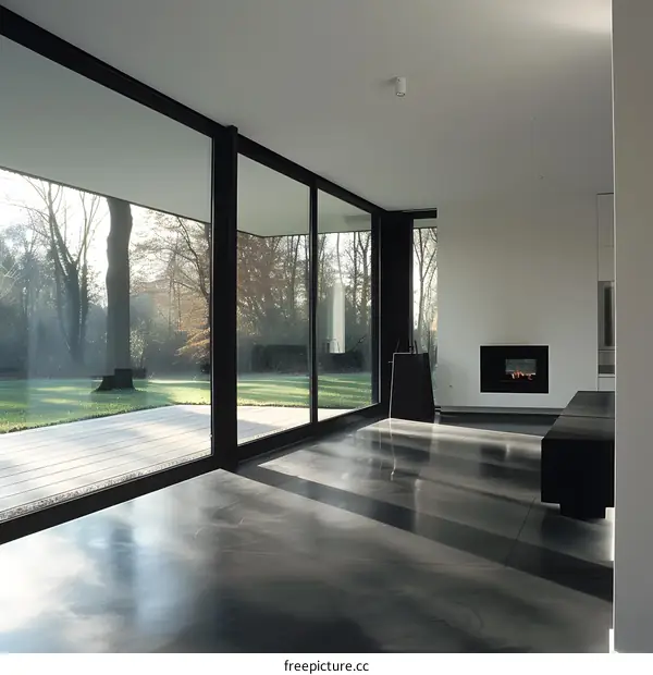Modern House Interior with Large Windows and Fireplace