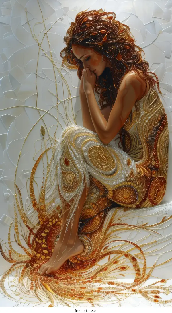 A Beautiful Redhead in an Amber Dress Sitting on a Rock with Flowers