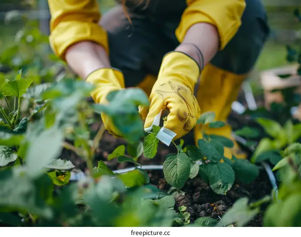 Close-up of a gardener's hands wearing yellow gloves while working in the garden