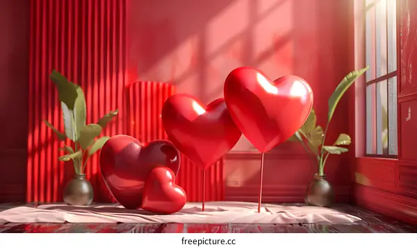 Red velvet curtains and red heart balloons