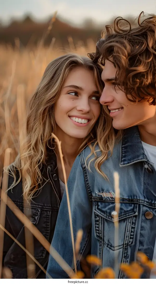 Young couple smiling at each other in a field of wheat