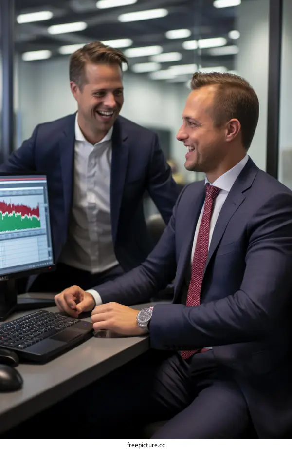 Two businessmen in suits looking at a computer screen and smiling