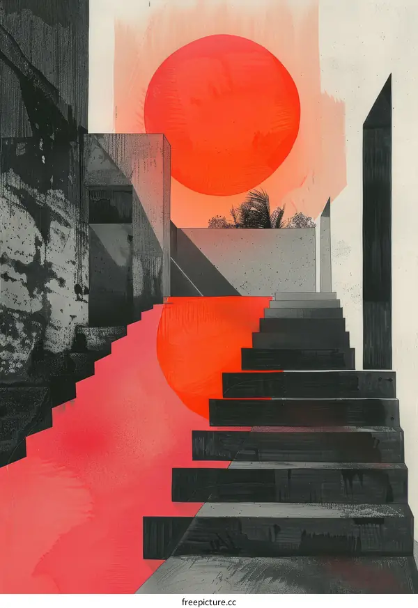 An illustration of a building with a red sun in the background