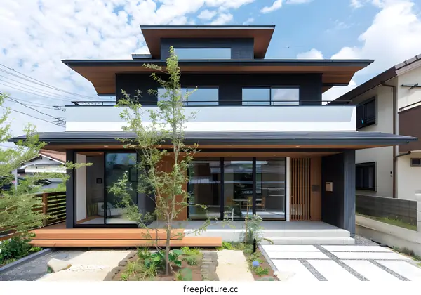 Modern Japanese Style House with Wooden Deck and Greenery