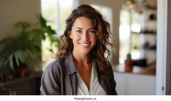 Portrait of a young woman smiling in a bright room