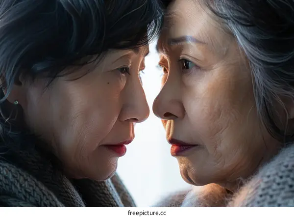 Two elderly Asian women staring at each other