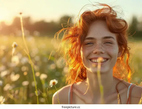 Happy Woman with Red Hair in a Field of Daisies