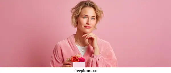 Thoughtful Woman Holding Small Gift Box with Flowers