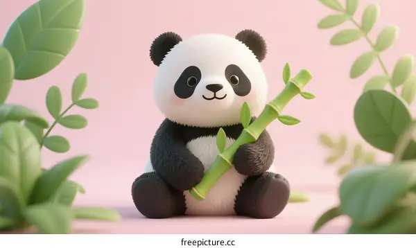 Cute Panda Figurine Holding Bamboo in Soft Pink Setting