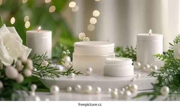 Luxury Skincare Product with White Flowers and Candles