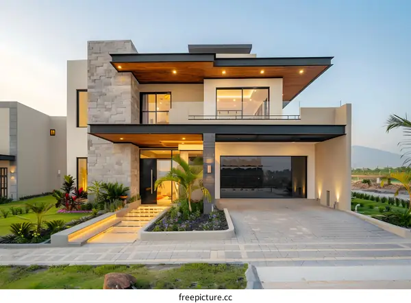 Modern Home Exterior With Stone Facade And Wooden Accents