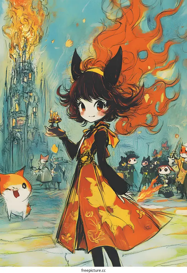 Fantasy Illustration of a Girl in a Red Dress With Fire Hair in a City
