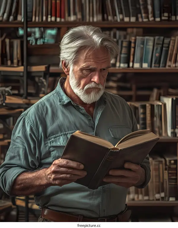 Senior Man Reading Book In Library