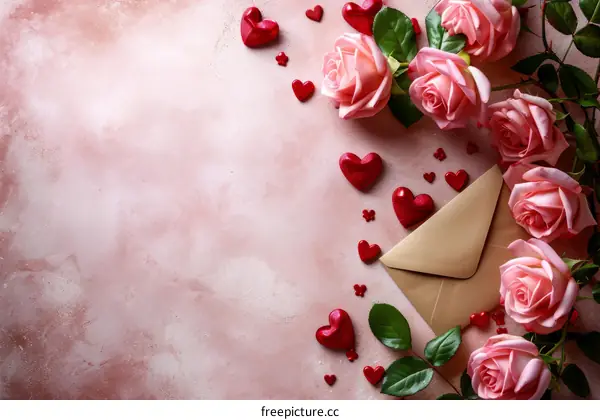 Pink roses and red hearts