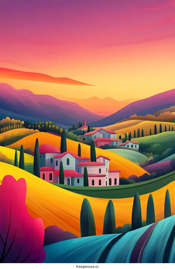 Sunset Landscape Painting with Hills and Village
