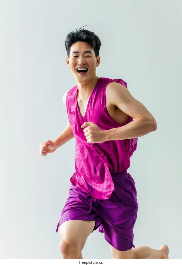 Asian man in pink sportswear running