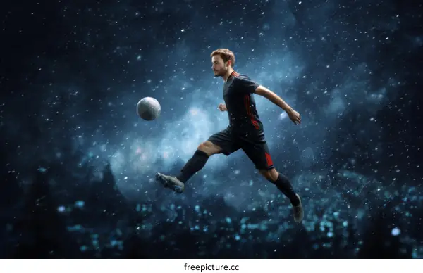 Soccer Player in Action Against a Cosmic Background