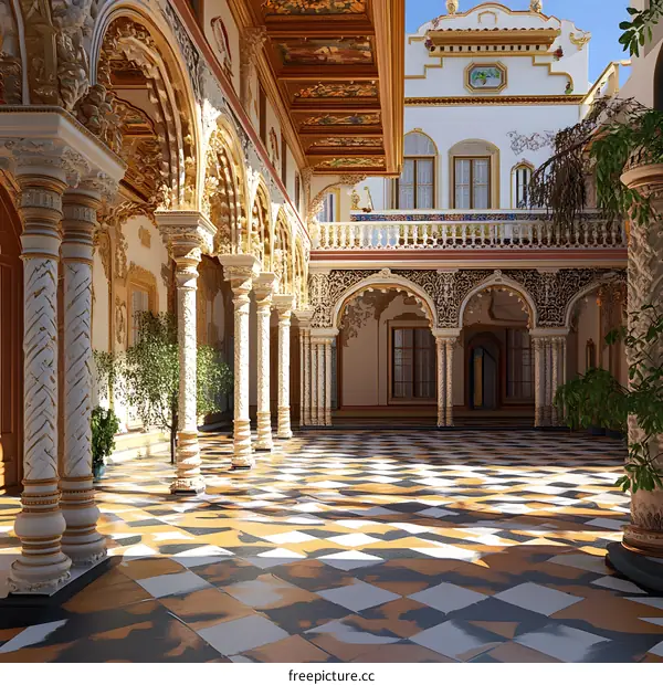 Ornate Courtyard with Golden Arches and Checkered Floor