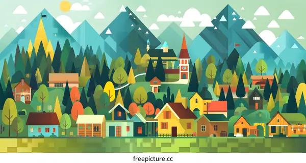 Colorful Illustration of a Small Village in the Mountains