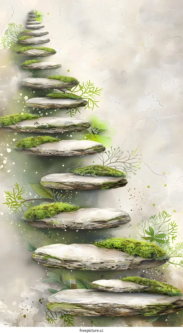 Abstract Watercolor Green Mossy Stone Steps