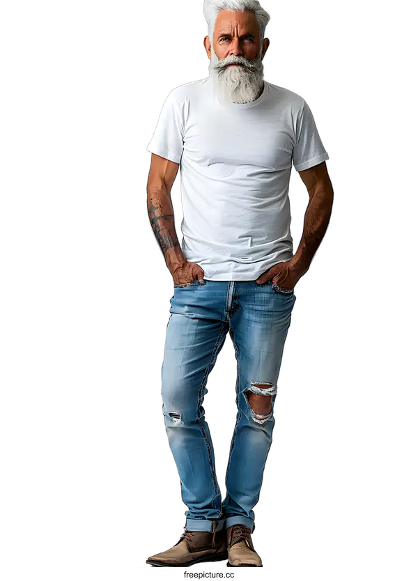 [Transparent Background PNG]Portrait of a handsome senior man with grey beard and tattoos