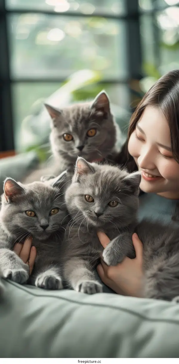A young woman is sitting on a couch with three gray cats.