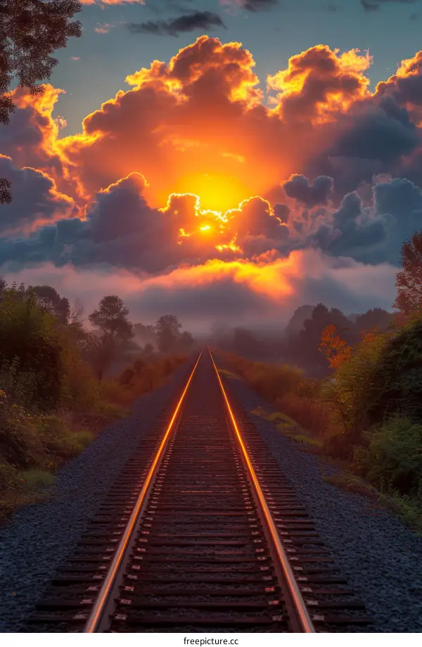 The railroad tracks stretch into the distance, with a beautiful sunset in the background
