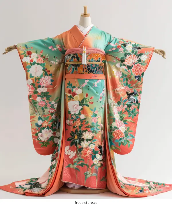 A woman wearing a kimono with a floral pattern