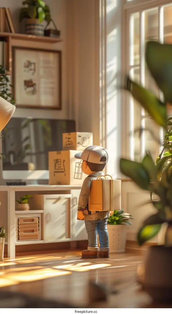 A delivery boy is standing in a room, looking at a box.