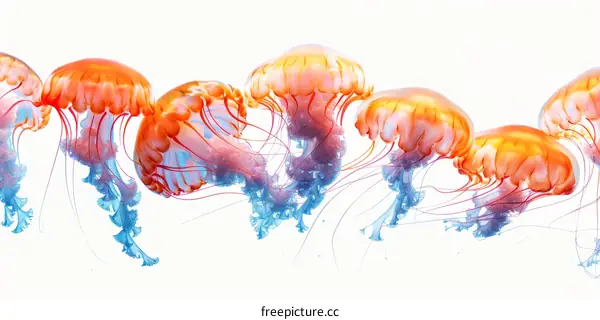 A group of jellyfish are swimming in the ocean.