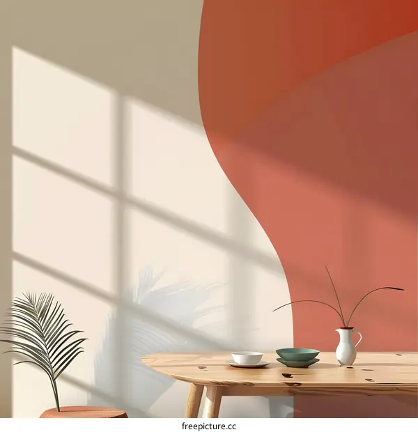 Minimalist Interior Design with Curved Wall and Wooden Table