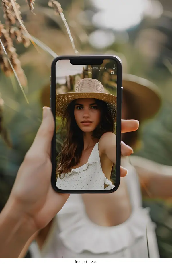 Woman Taking Selfie With Smartphone Outdoors