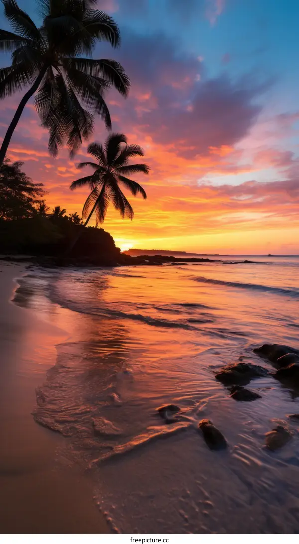 Beach sunset with palm trees