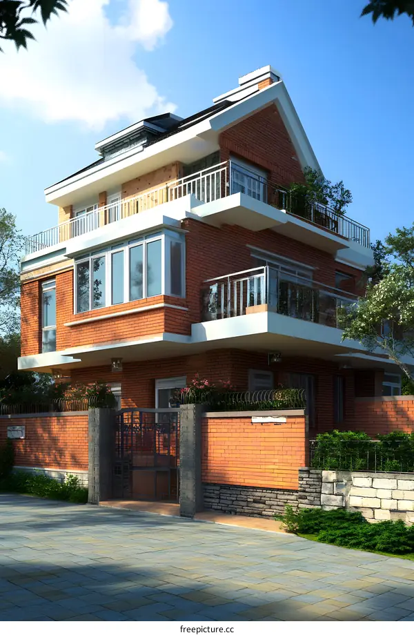 Brick House with Balcony and Garden Design