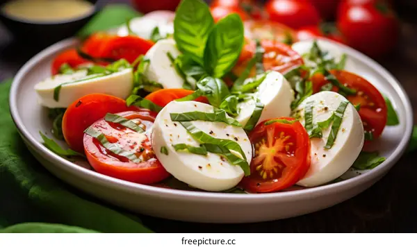 Fresh and tasty tomato and mozzarella cheese salad with basil leaves