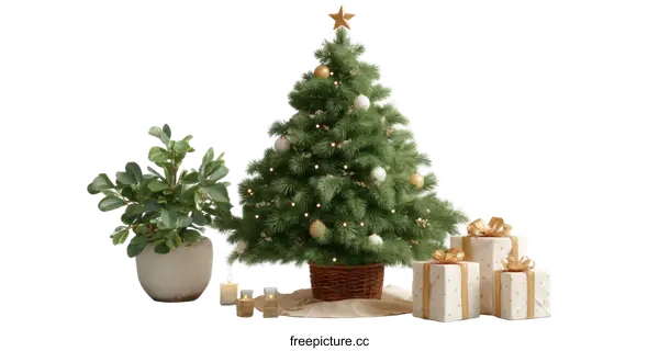 [Transparent Background PNG]Christmas Tree Scene with Decor and Plants