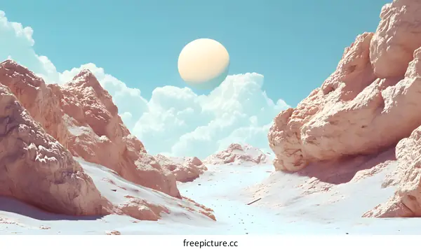 Abstract Art Mountain Landscape with White Clouds and a Yellow Sun