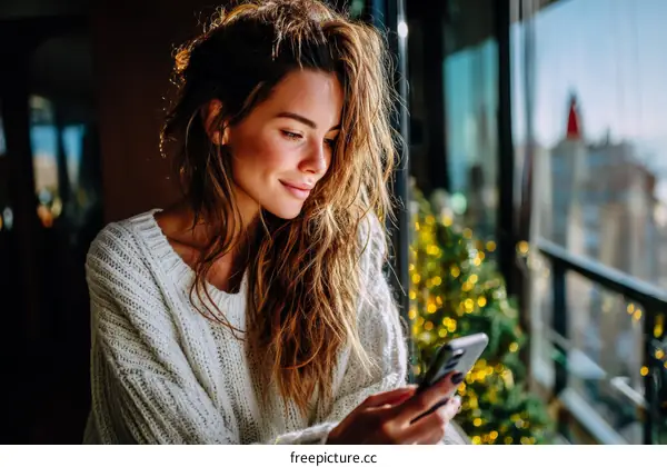 Woman using a mobile phone by the window during winter