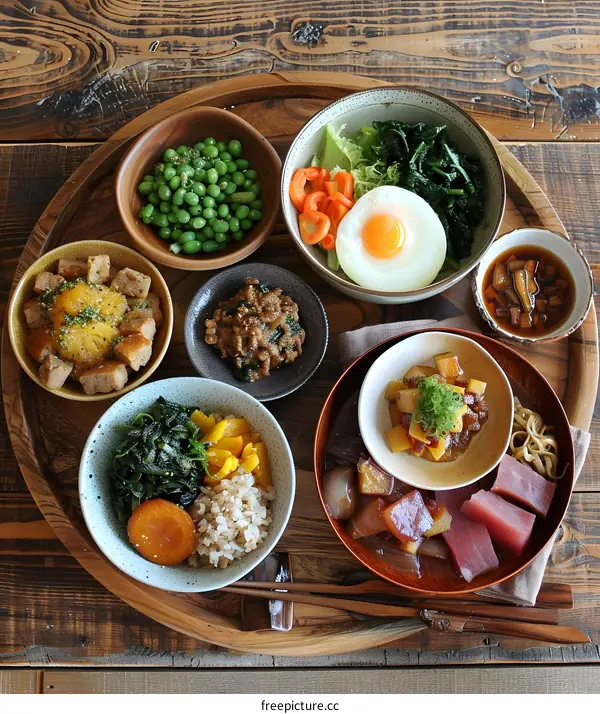 Japanese Food on a Wooden Tray