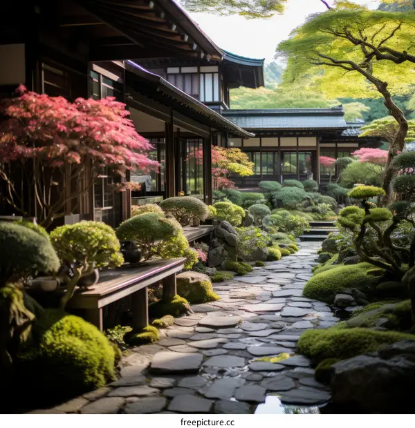 Japanese Garden with Stone Path and Trees
