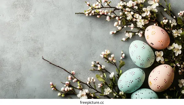 Easter eggs and spring blossoms on a gray background