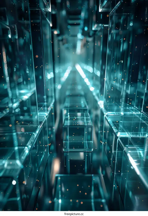 Abstract 3D rendering of a futuristic glass tunnel with glowing particles floating in the air