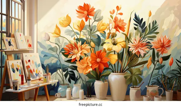 A painter's studio with a large vase of flowers