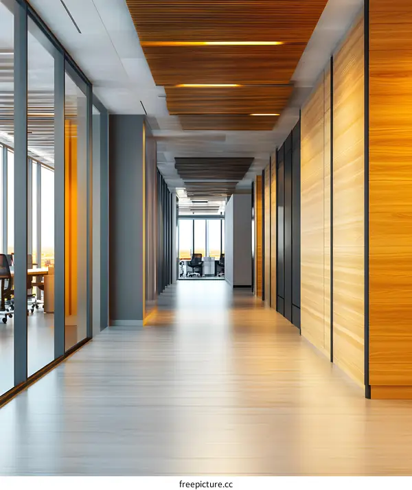 Modern Office Hallway With Wooden Ceiling