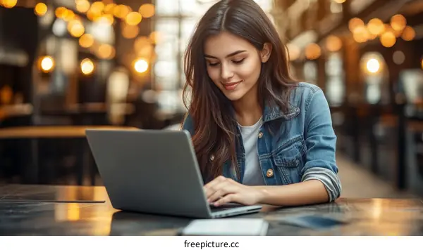 Young Woman Working on Laptop in Cafe