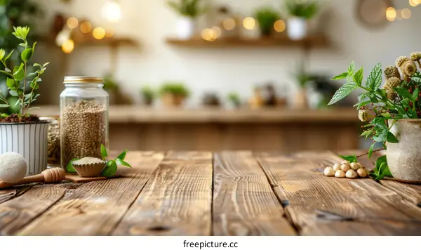 Rustic Wooden Table with Plants and Spices